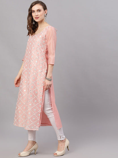 Women's  Peach-Coloured & White Embroidered Straight Kurta