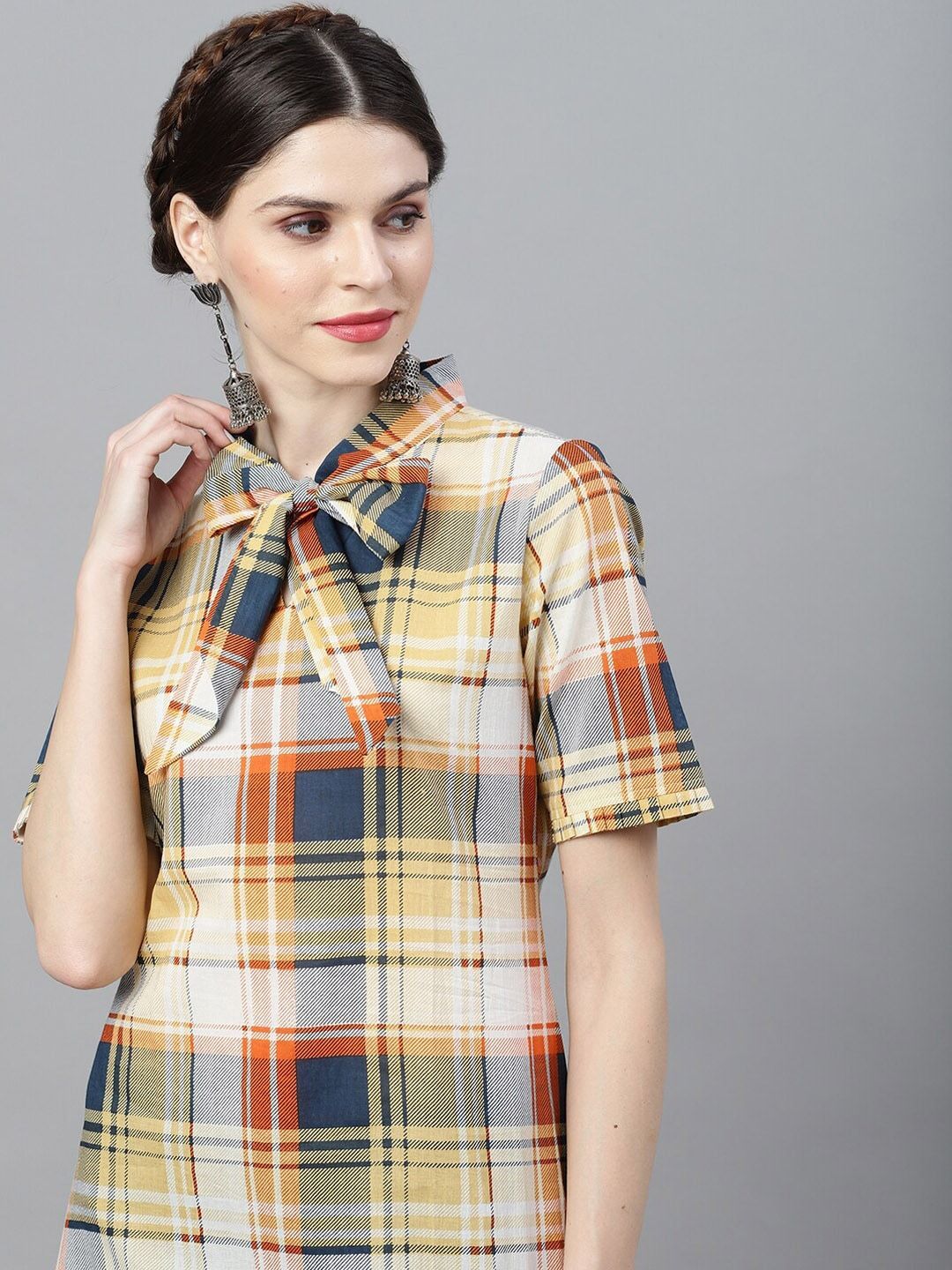 Women's  Yellow & Blue Checked Pathani Kurta