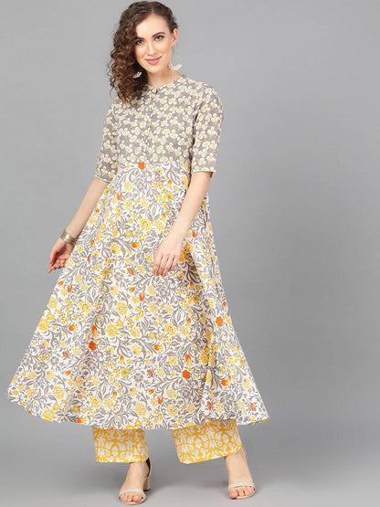 Women's  Grey & Yellow Printed Kurta with Palazzos