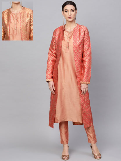 Women's  Pink & Golden Self Design Reversible Longline Open Front Jacket