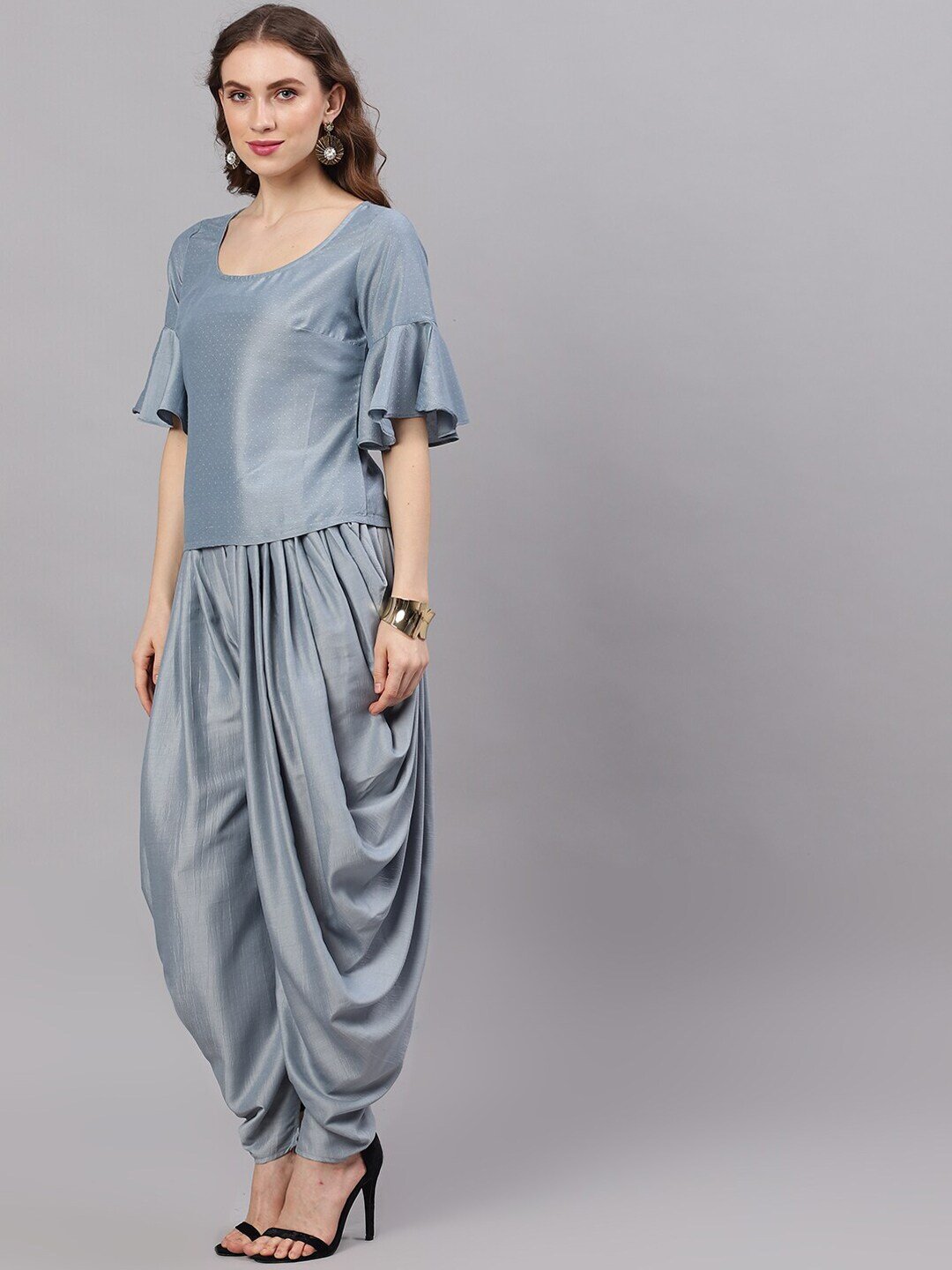 Women's Pastel Blue Chinon Design Top With Dhoti Pant