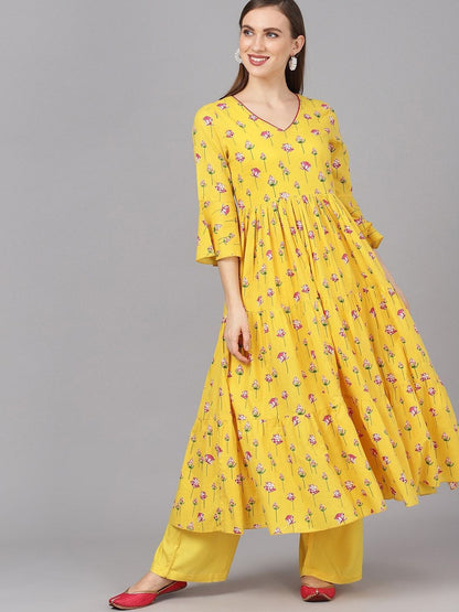 Women's  Yellow & Magenta Printed Anarkali Kurta
