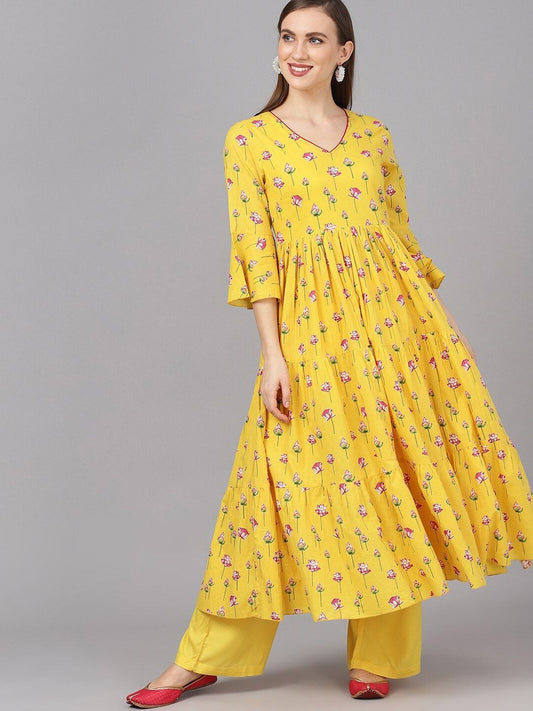 Women's  Yellow & Magenta Printed Anarkali Kurta