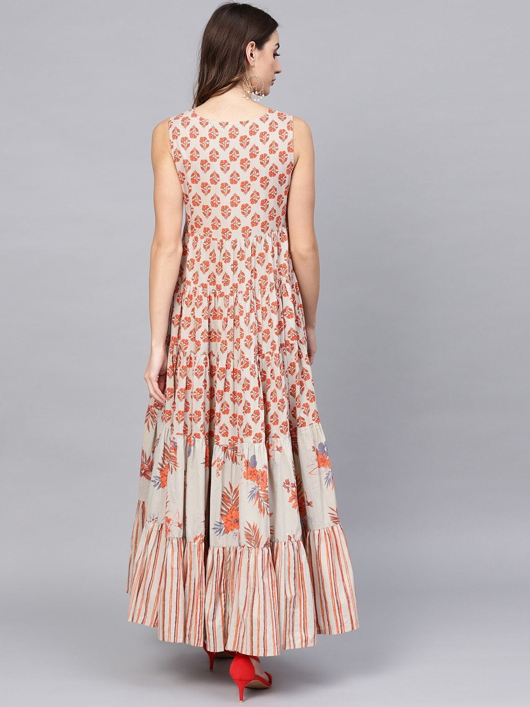 Women's  Beige & Orange Printed Tiered Maxi Dress