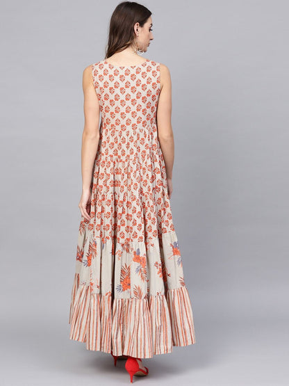 Women's  Beige & Orange Printed Tiered Maxi Dress