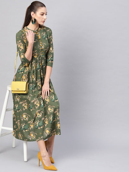 Women's  Olive Green & Beige Floral Printed Midi A-Line Dress