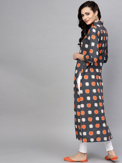 Women's  Navy Blue & Orange Printed Straight Kurta