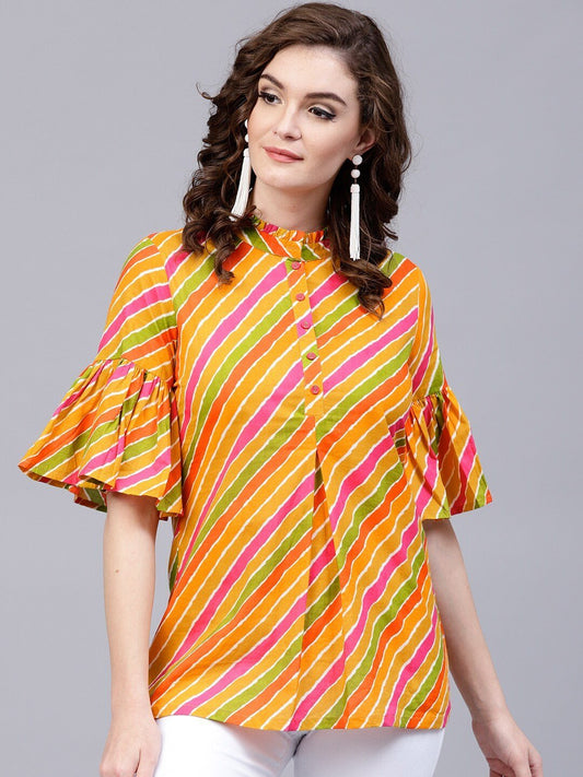 Women's Mustard Yellow & Green Leheriya Print Tunic