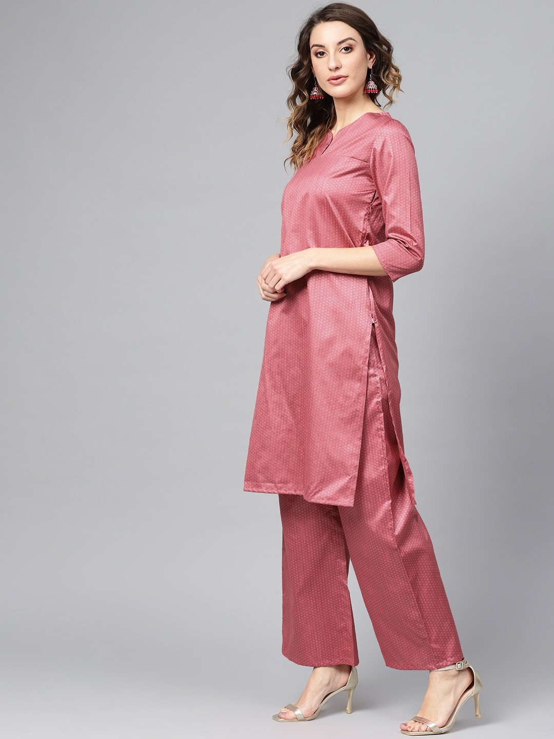 Women's  Pink Self Design Kurta with Palazzos & Dupatta