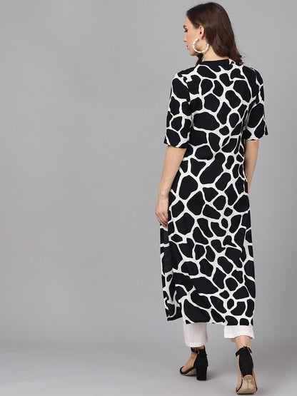 Women's  Black & White Printed Straight Kurta
