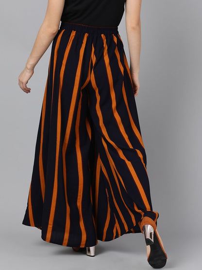 Women's  Navy Blue & Orange Striped Wide Leg Palazzos