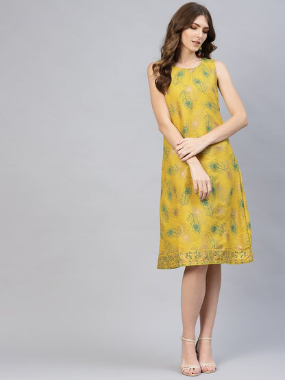 Women's  Mustard Yellow & Green Printed A-Line Dress