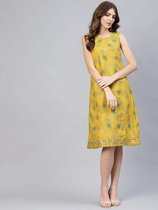 Women's  Mustard Yellow & Green Printed A-Line Dress