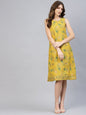 Women's  Mustard Yellow & Green Printed A-Line Dress