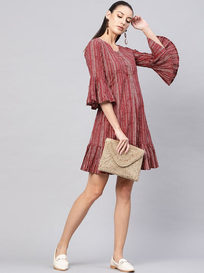 Women's  Maroon & Off-White Striped A-Line Dress