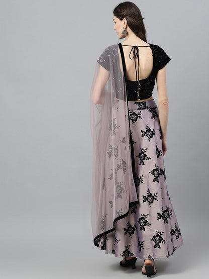 Women's Purple & Black Flock Printed Lehenga Choli With Net Dupatt