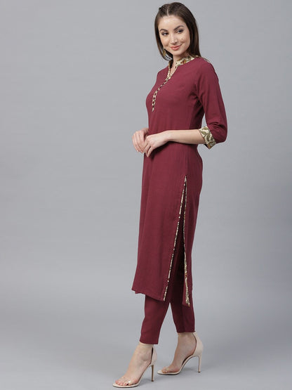 Women's  Maroon Solid Kurta with Trousers & Dupatta