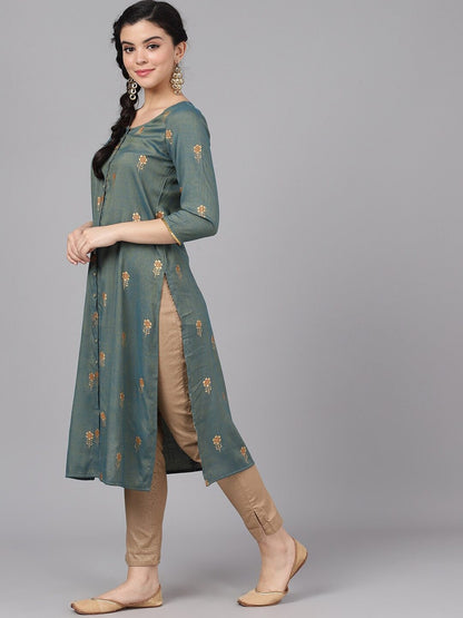 Women's  Green & Gold-Toned Printed A-Line Kurta