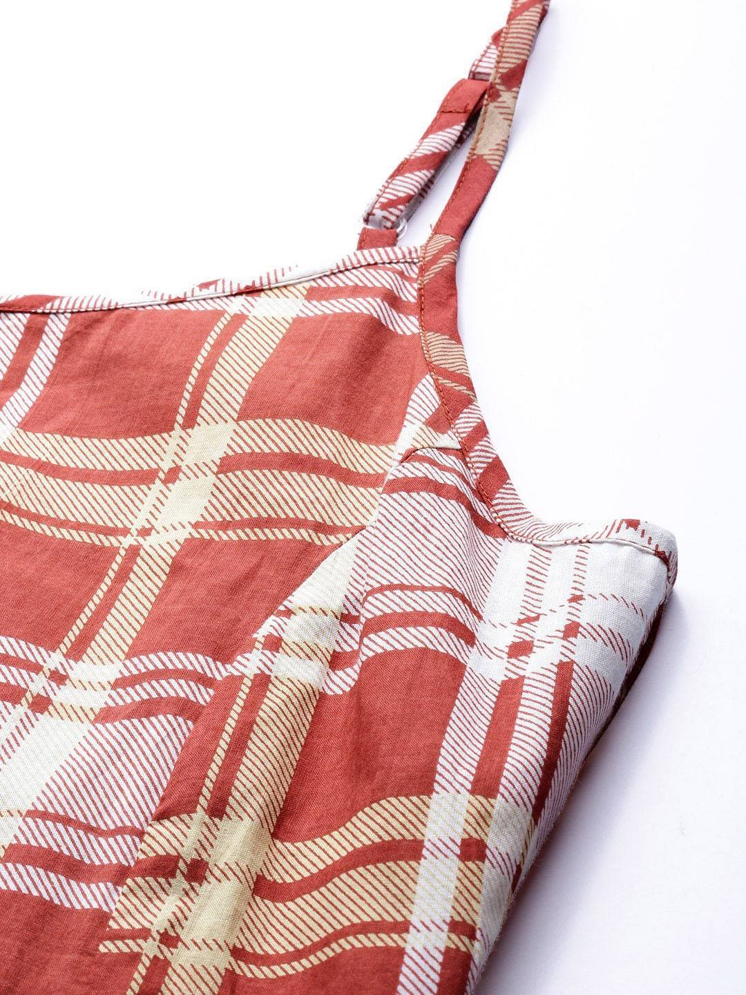 Women's  Red Checked Maxi Dress With Shirt