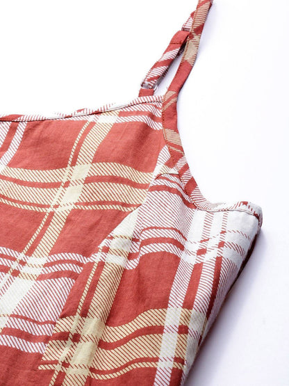Women's  Red Checked Maxi Dress With Shirt