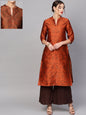 Women's  Orange & Brown Woven Design Brocade Reversible Straight Kurta
