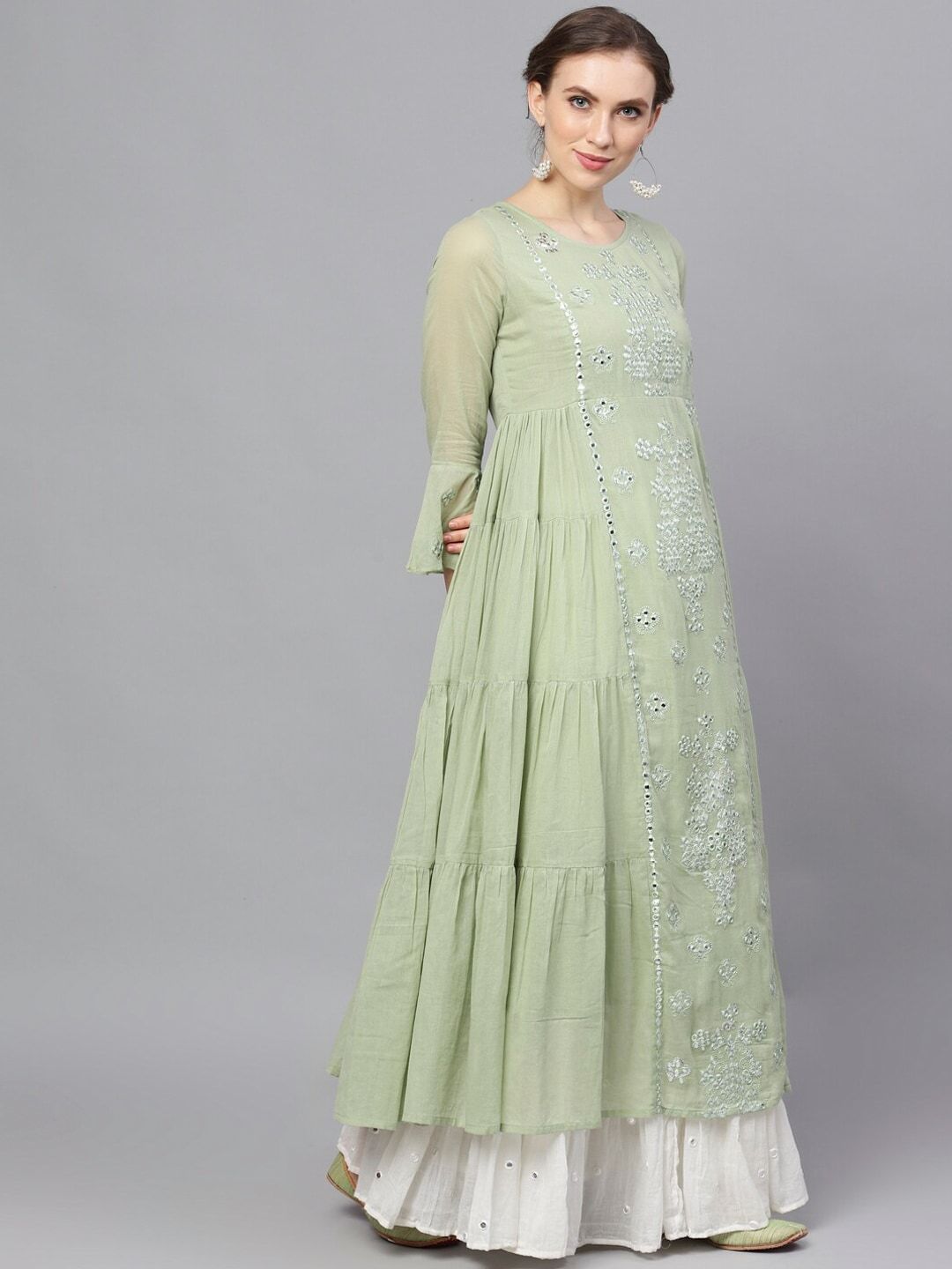 Women's  Green Embroidered Layered Anarkali Kurta