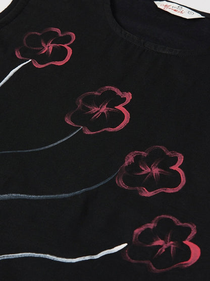 Women's Black & Pink Floral Printed Straight Kurta