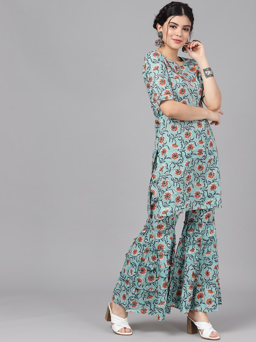 Women's  Teal Blue & Brown Printed Kurta with Sharara & Dupatta