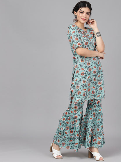 Women's  Teal Blue & Brown Printed Kurta with Sharara & Dupatta