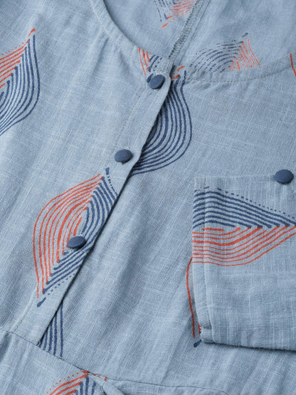 Women's  Blue & Orange Printed A-Line Dress