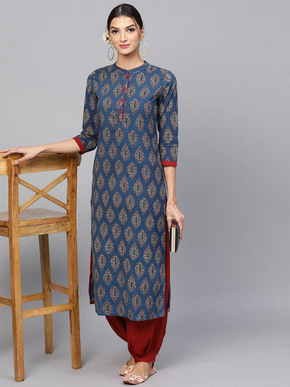Women's  Navy Blue & Maroon Printed Kantha Work Straight Kurta
