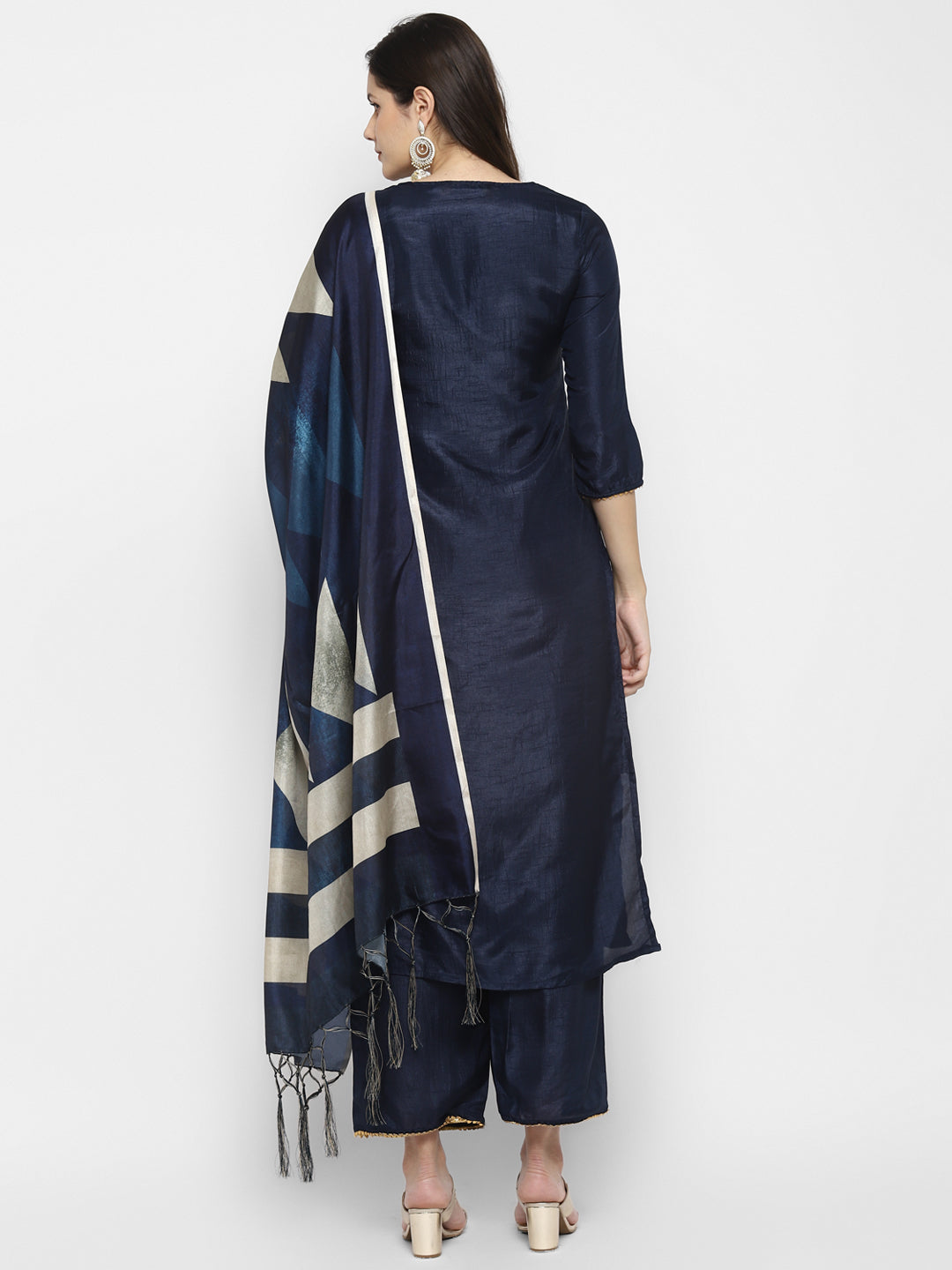 Women's Navy Blue Color Silk Blend Straight Kurta Palazzo With Dupatta