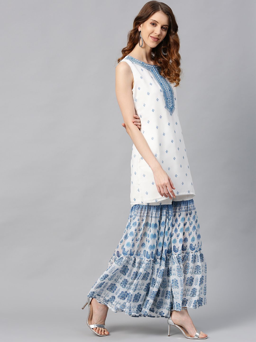 Women's Georgette Printed Straight Kurta Sharara Dupatta Set