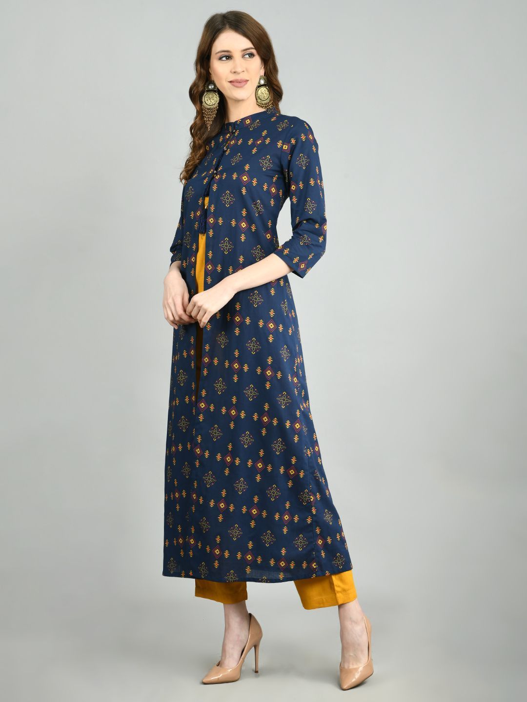 Women Navy Blue Cotton Printed Shrug, Top and Pant Set by Myshka (