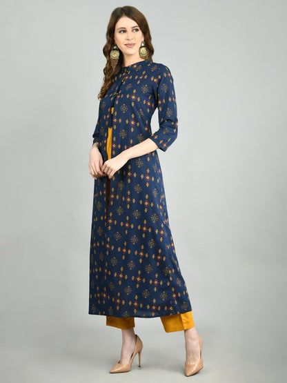 Women Navy Blue Cotton Printed Shrug, Top and Pant Set by Myshka (