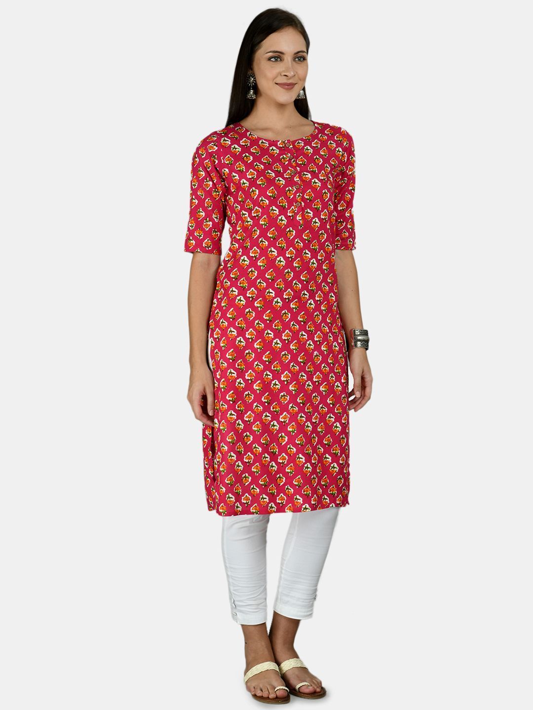 Women's Pink Cotton Printed Half Sleeve Round Neck Casual Kurta