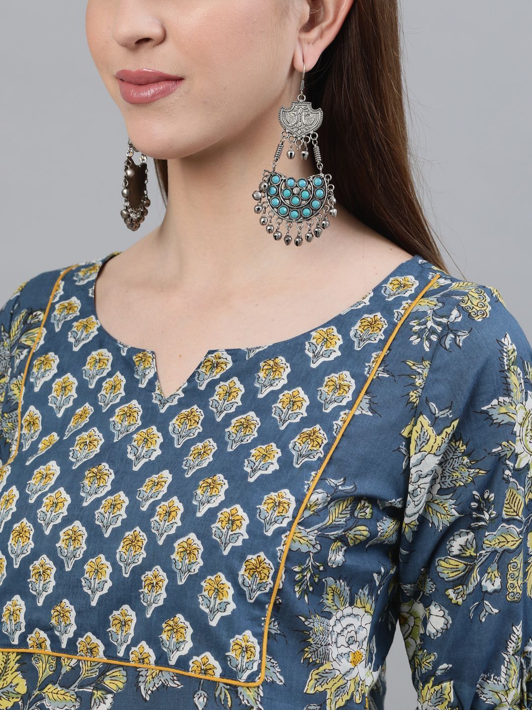 Women's Blue & Yellow Floral Printed Kurta With Skirt Set