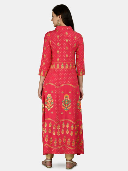 Women's Red Cotton Printed 3/4 Sleeve Shirt Collar Casual Anarkali kurta