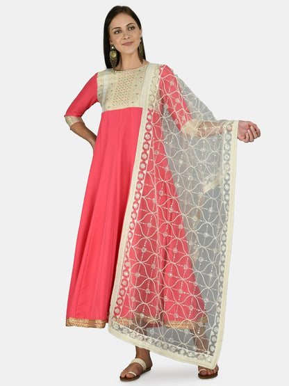 Women's Pink Rayon Printed 3/4 Sleeve Round Neck Casual Anarkali Dupatta Set