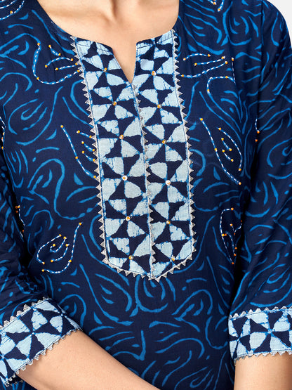 Women's Shibori Print & Sequence Straight Cotton Blue Kurta Pant With Dupatta (3Pcs Set)