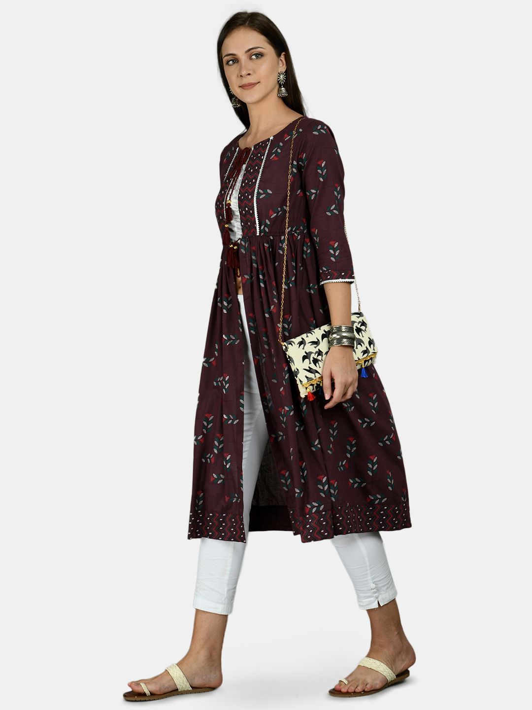 Women's Black Cotton Printed 3/4 Sleeve Round Neck Casual Shrug