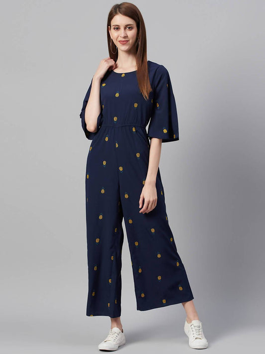 Women's Darkblue Micro Poly Embroidered Ethnic Jumpsuit