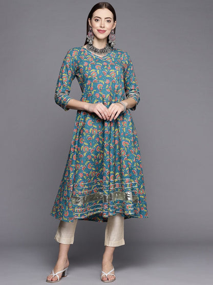 Women's KSUT Teal Green & Coral Ethnic Motifs Printed Gotta Patti Anarkali Kurta