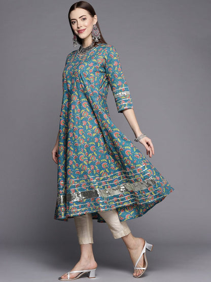 Women's KSUT Teal Green & Coral Ethnic Motifs Printed Gotta Patti Anarkali Kurta