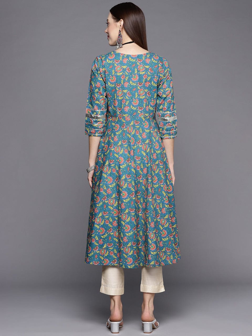 Women's KSUT Teal Green & Coral Ethnic Motifs Printed Gotta Patti Anarkali Kurta