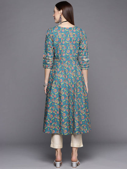 Women's KSUT Teal Green & Coral Ethnic Motifs Printed Gotta Patti Anarkali Kurta