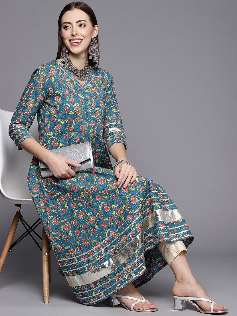 Women's KSUT Teal Green & Coral Ethnic Motifs Printed Gotta Patti Anarkali Kurta