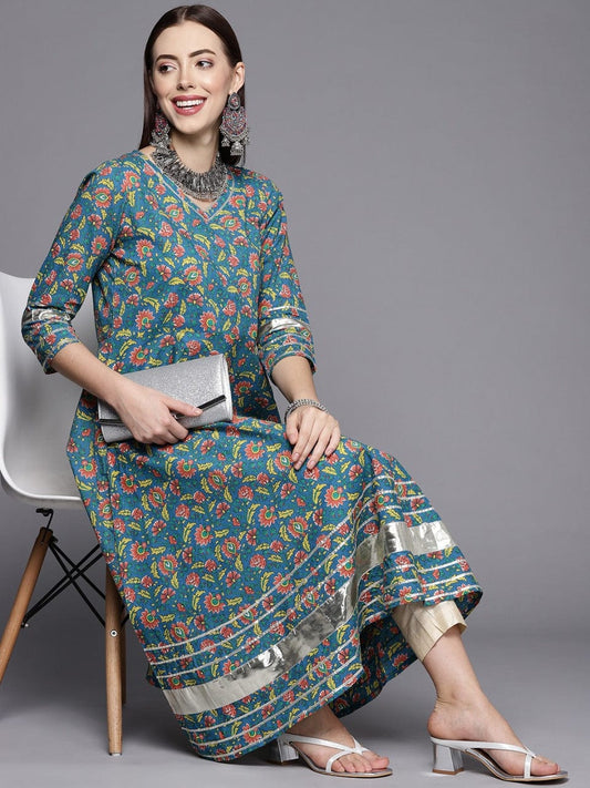 Women's KSUT Teal Green & Coral Ethnic Motifs Printed Gotta Patti Anarkali Kurta
