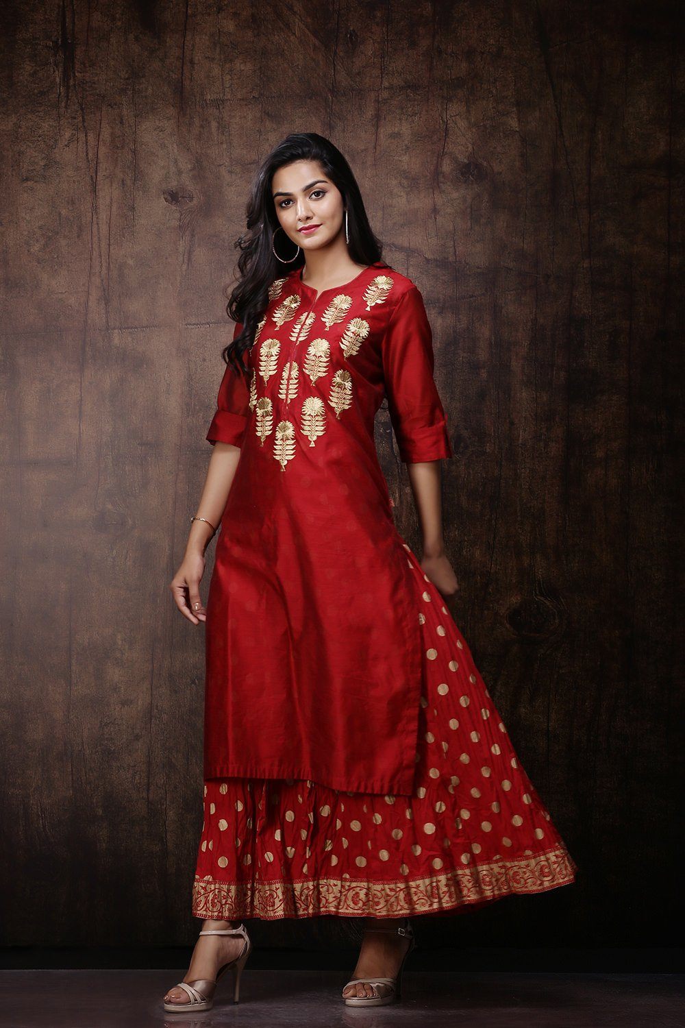 Women's Maroon Chanderi Embroidered 2 Piece Kurta Dress