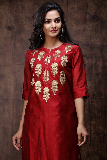Women's Maroon Chanderi Embroidered 2 Piece Kurta Dress